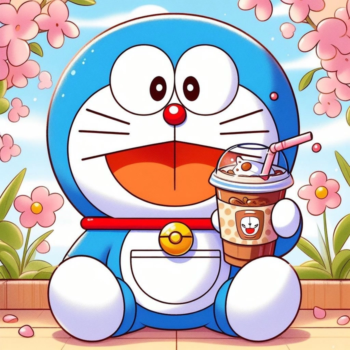 ảnh doraemon anime cute uống trà sữa
