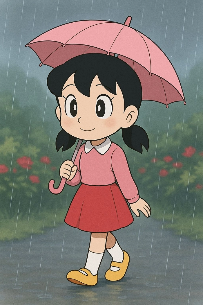 cute shizuka anime đi dưới mưa